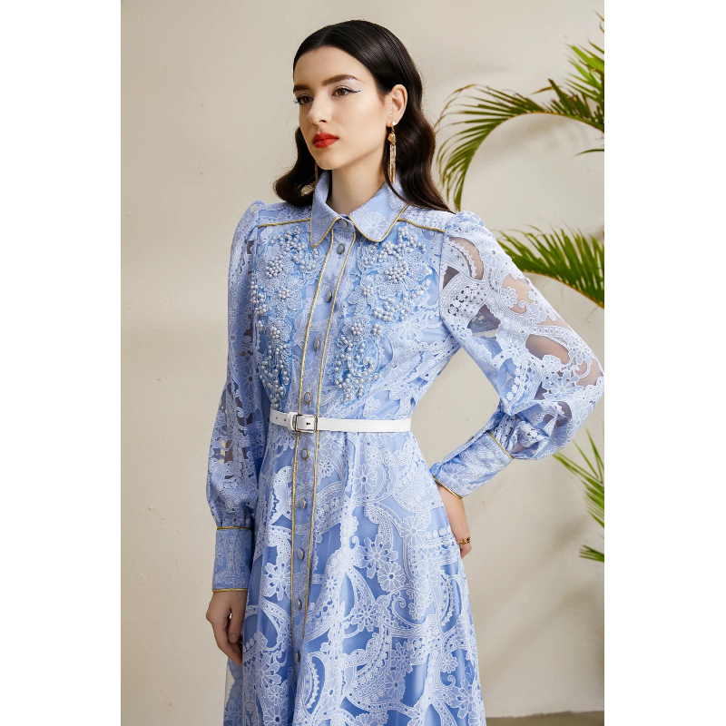 Lapel lace corsage long autumn golden edge hollow dress