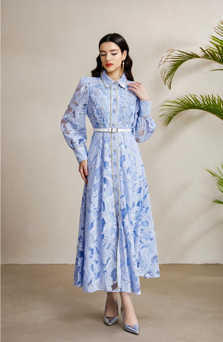 Lapel lace corsage long autumn golden edge hollow dress