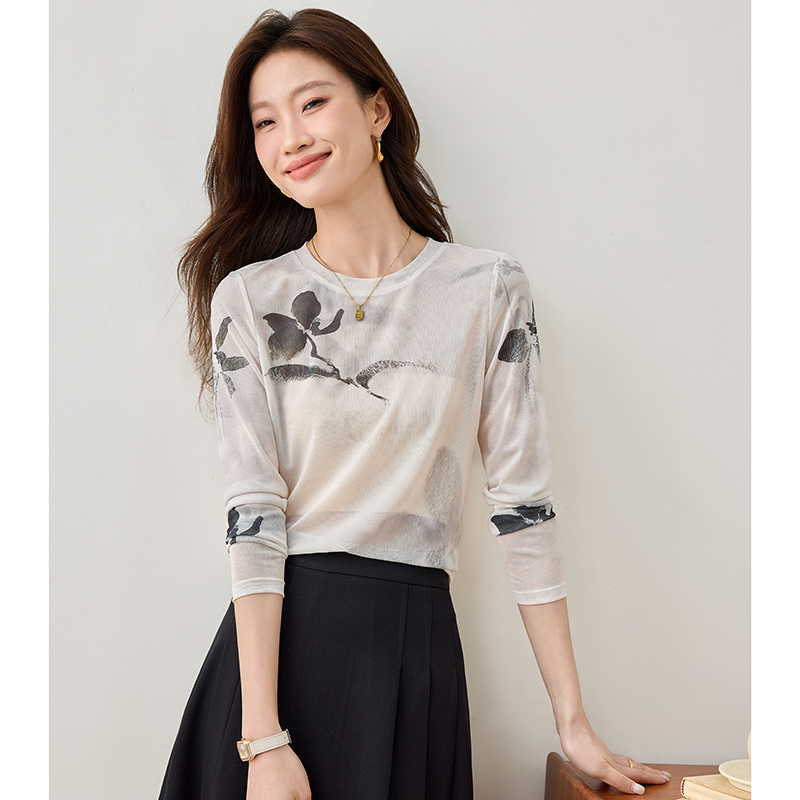 Long sleeve gauze tops printing bottoming shirt