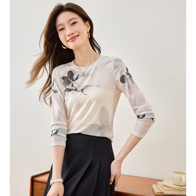 Long sleeve gauze tops printing bottoming shirt
