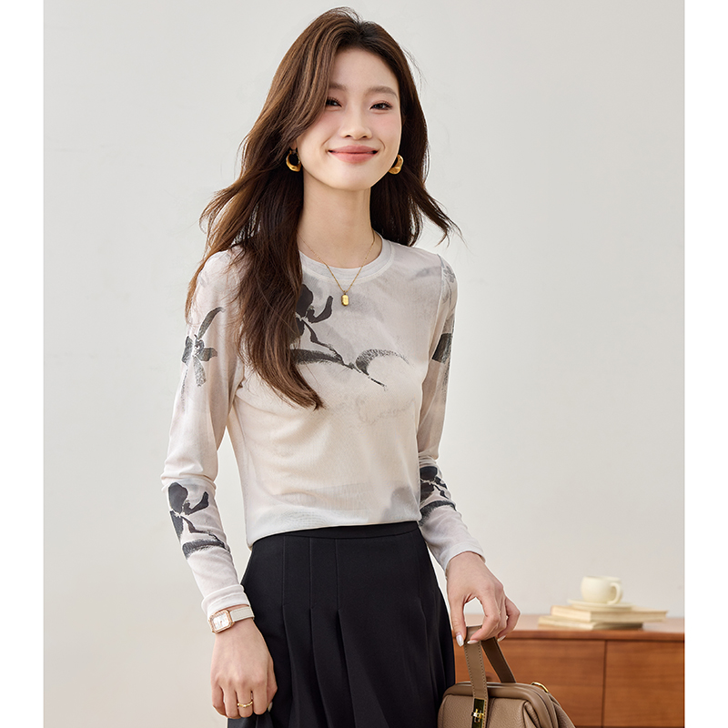 Long sleeve gauze tops printing bottoming shirt
