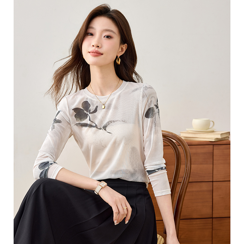 Long sleeve gauze tops printing bottoming shirt