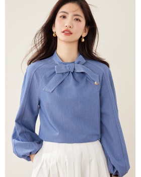Bow loose frenum puff sleeve shirt retro fashion autumn tops