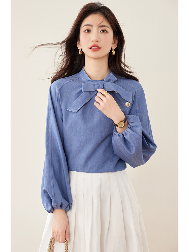 Bow loose frenum puff sleeve shirt retro fashion autumn tops