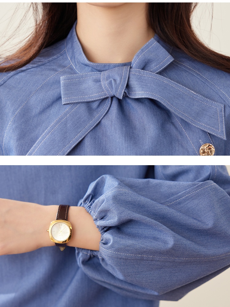 Bow loose frenum puff sleeve shirt retro fashion autumn tops