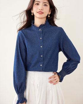 Casual autumn long sleeve tops retro denim shirt for women
