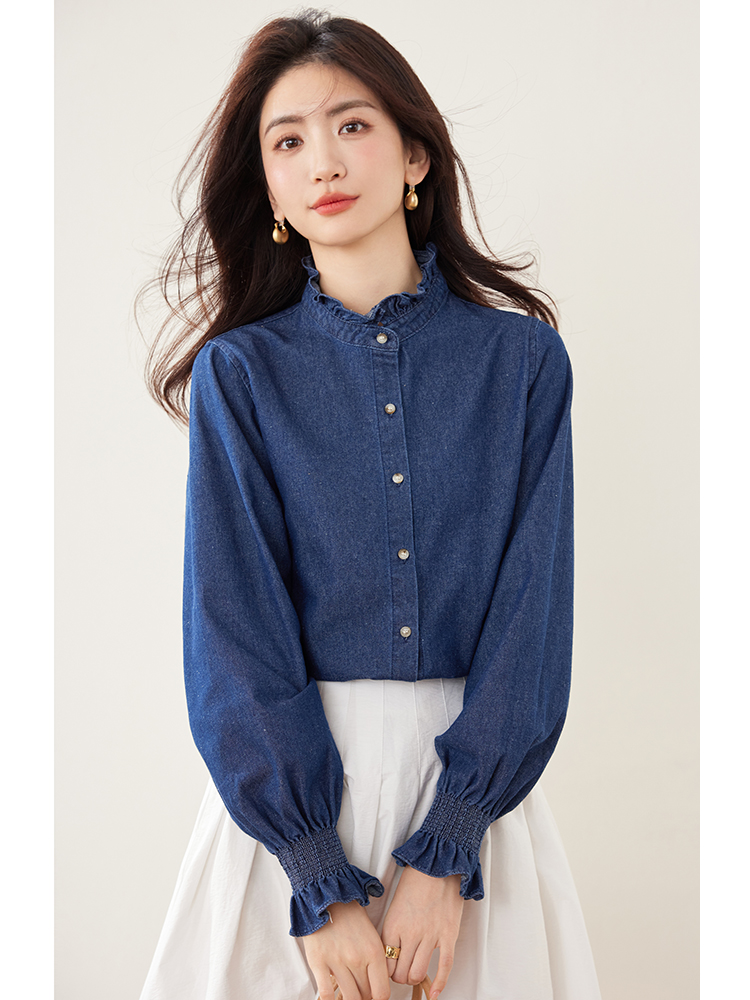 Casual autumn long sleeve tops retro denim shirt for women