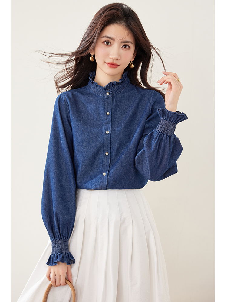 Casual autumn long sleeve tops retro denim shirt for women