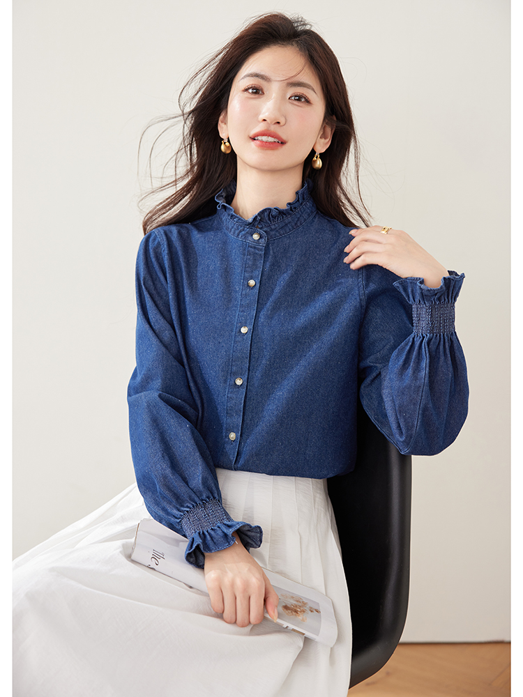 Casual autumn long sleeve tops retro denim shirt for women
