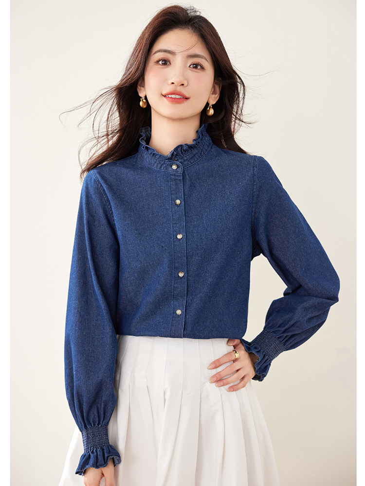 Casual autumn long sleeve tops retro denim shirt for women