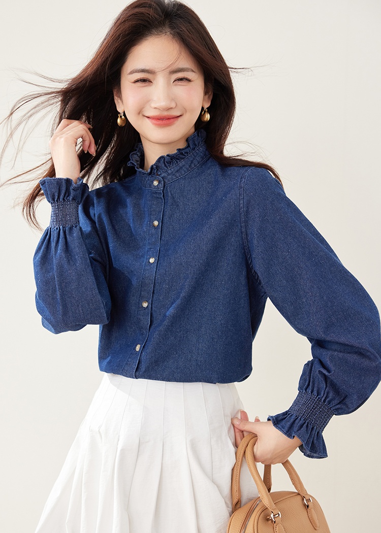 Casual autumn long sleeve tops retro denim shirt for women