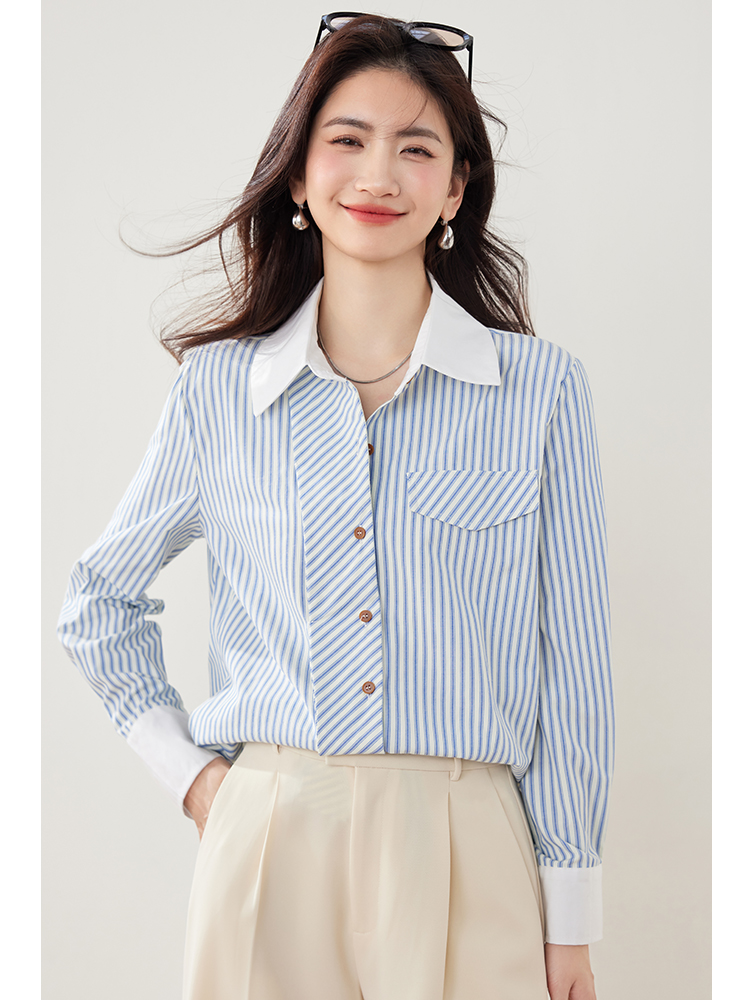 Long sleeve retro shirt splice temperament tops for women