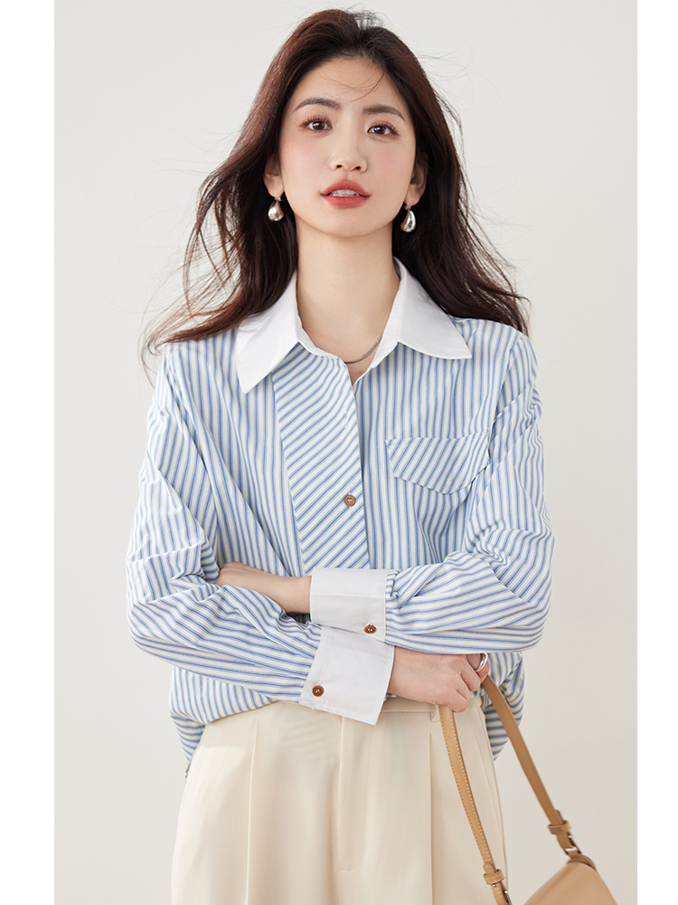 Long sleeve retro shirt splice temperament tops for women