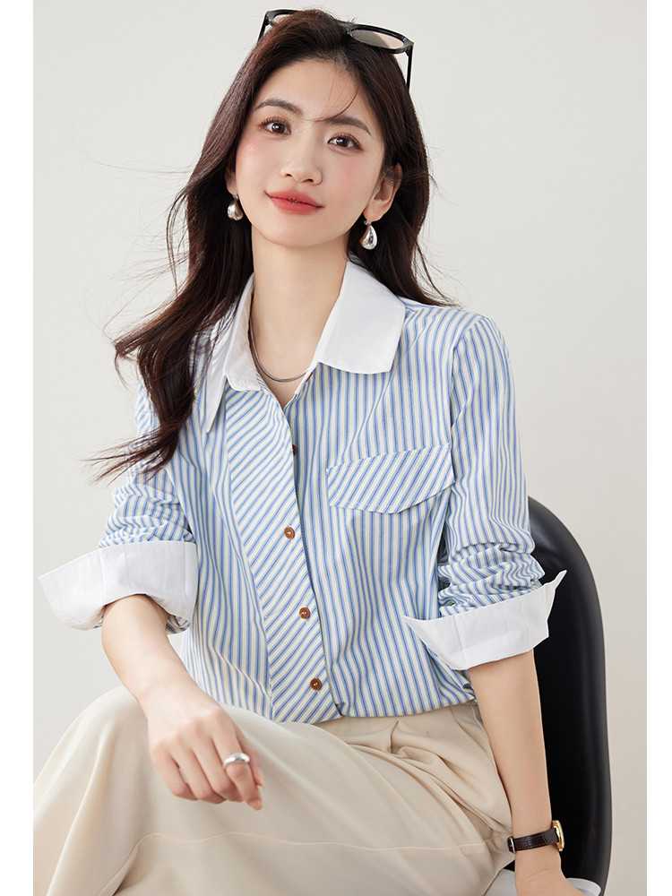 Long sleeve retro shirt splice temperament tops for women