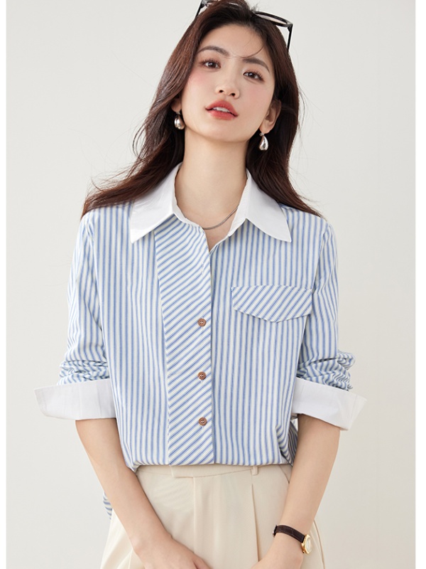 Long sleeve retro shirt splice temperament tops for women