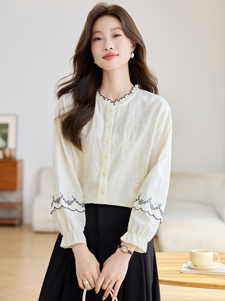 Jacquard autumn tops long sleeve France style shirt for women