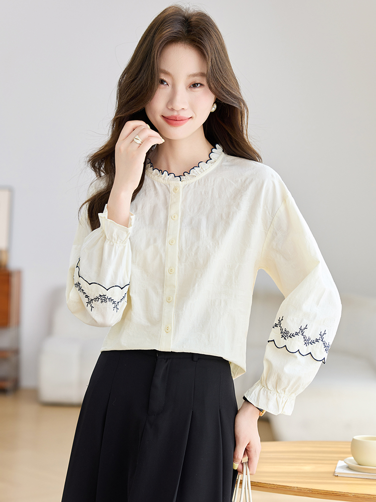 Jacquard autumn tops long sleeve France style shirt for women