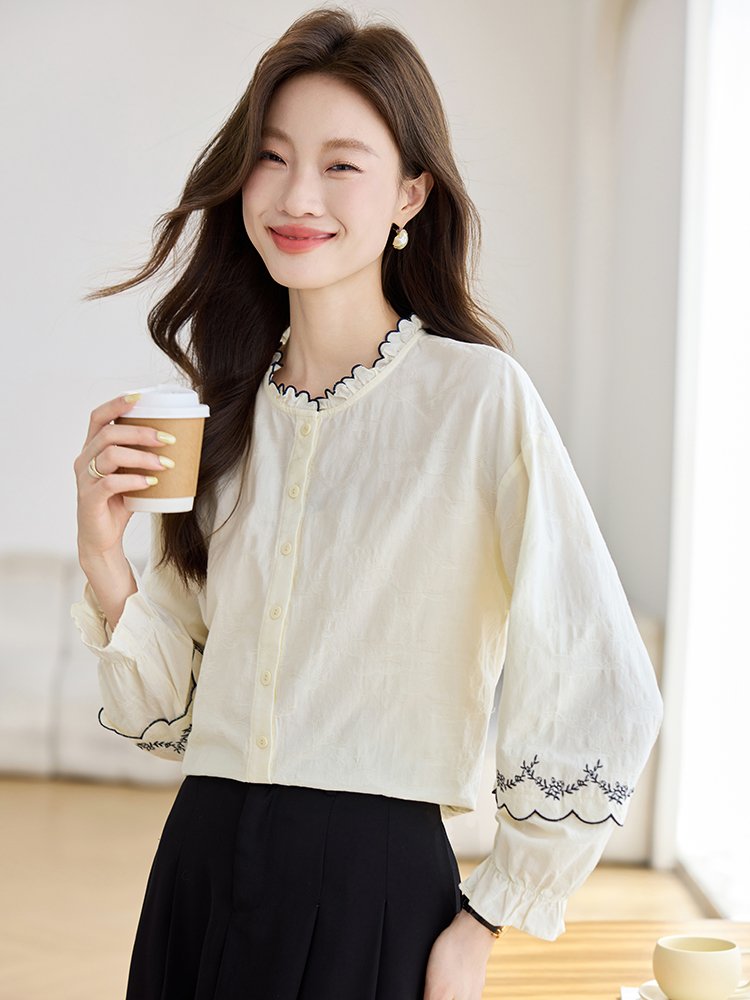 Jacquard autumn tops long sleeve France style shirt for women
