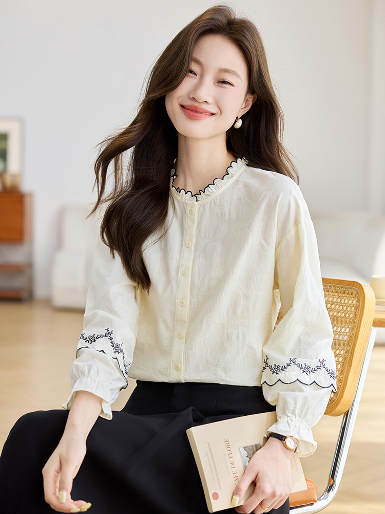 Jacquard autumn tops long sleeve France style shirt for women