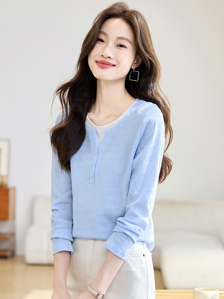 Long sleeve Pseudo-two T-shirt all-match chiffon shirt