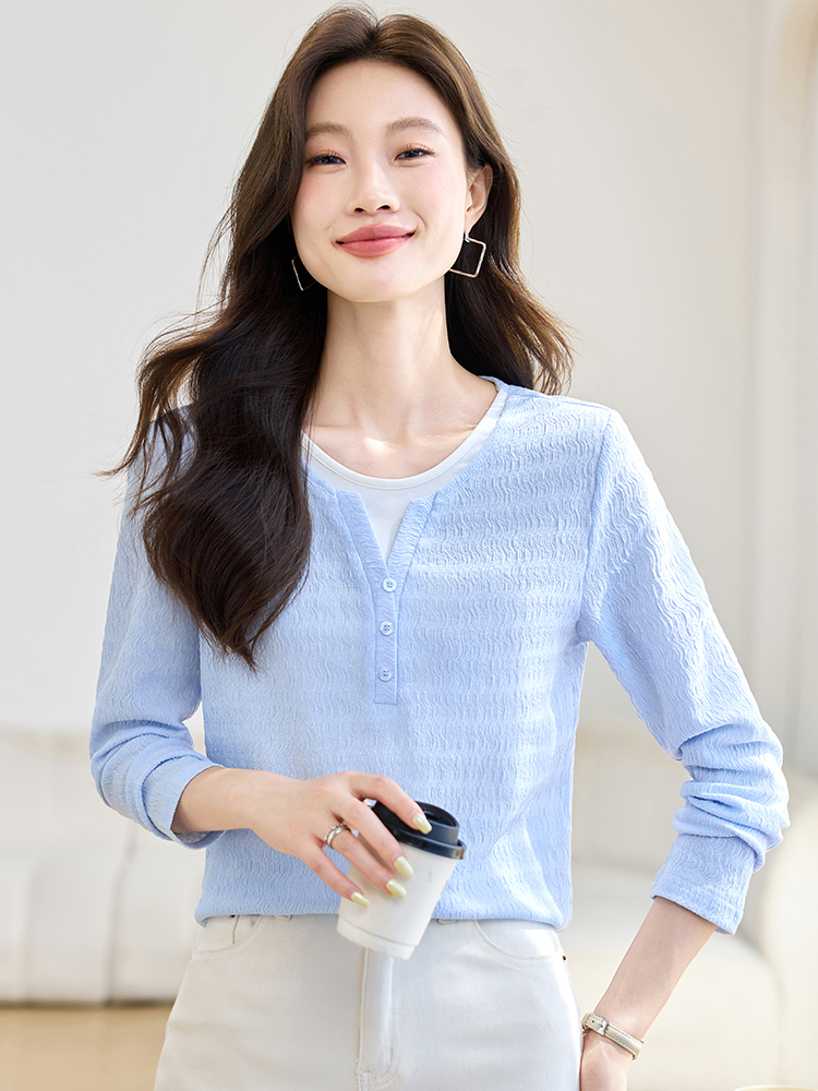 Long sleeve Pseudo-two T-shirt all-match chiffon shirt