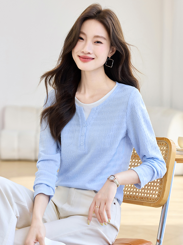 Long sleeve Pseudo-two T-shirt all-match chiffon shirt