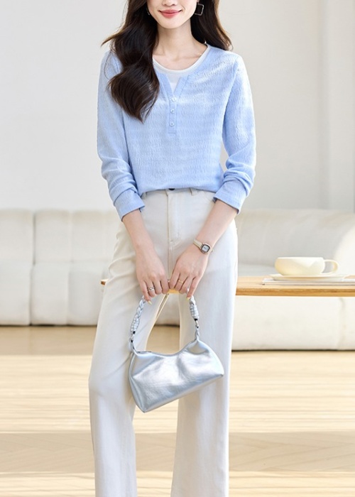 Long sleeve Pseudo-two T-shirt all-match chiffon shirt