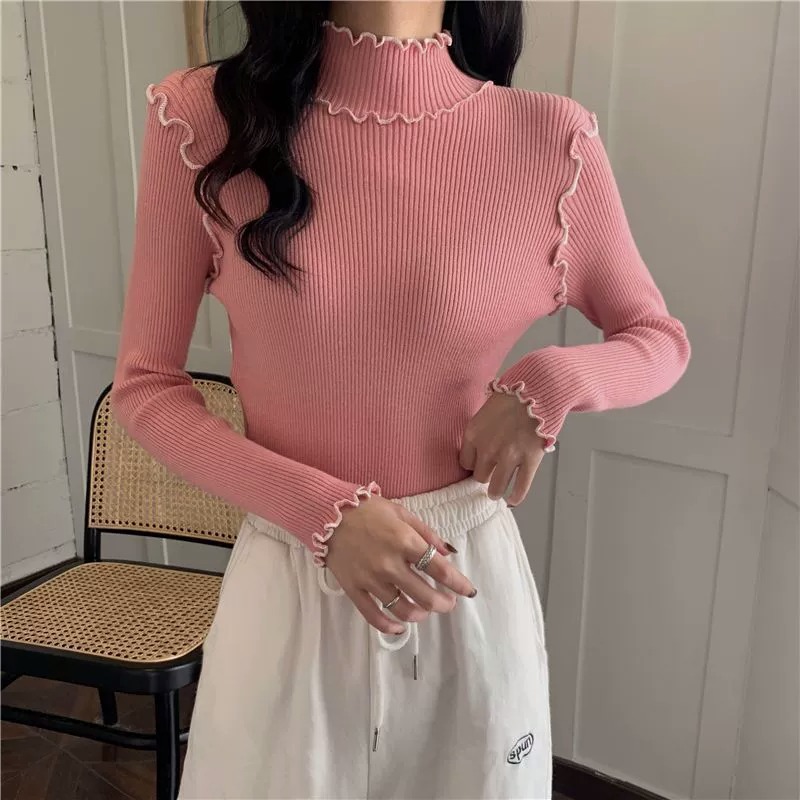 Long sleeve knitted sweet autumn and winter sweater for women