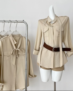 High waist frenum shirt khaki shorts a set