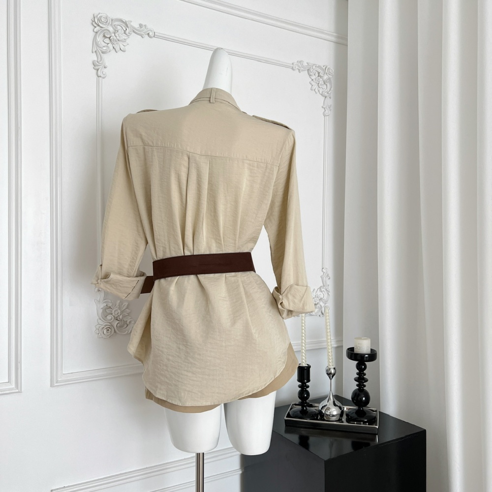 High waist frenum shirt khaki shorts a set