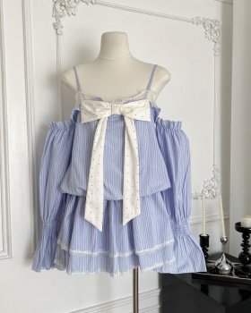 Slim splice bow stripe T-back lace enticement sling dress