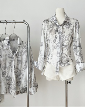 Pinched waist printing long sleeve all-match slim shirt