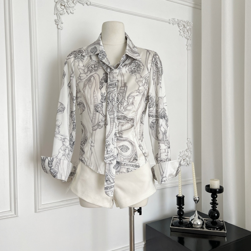 Pinched waist printing long sleeve all-match slim shirt