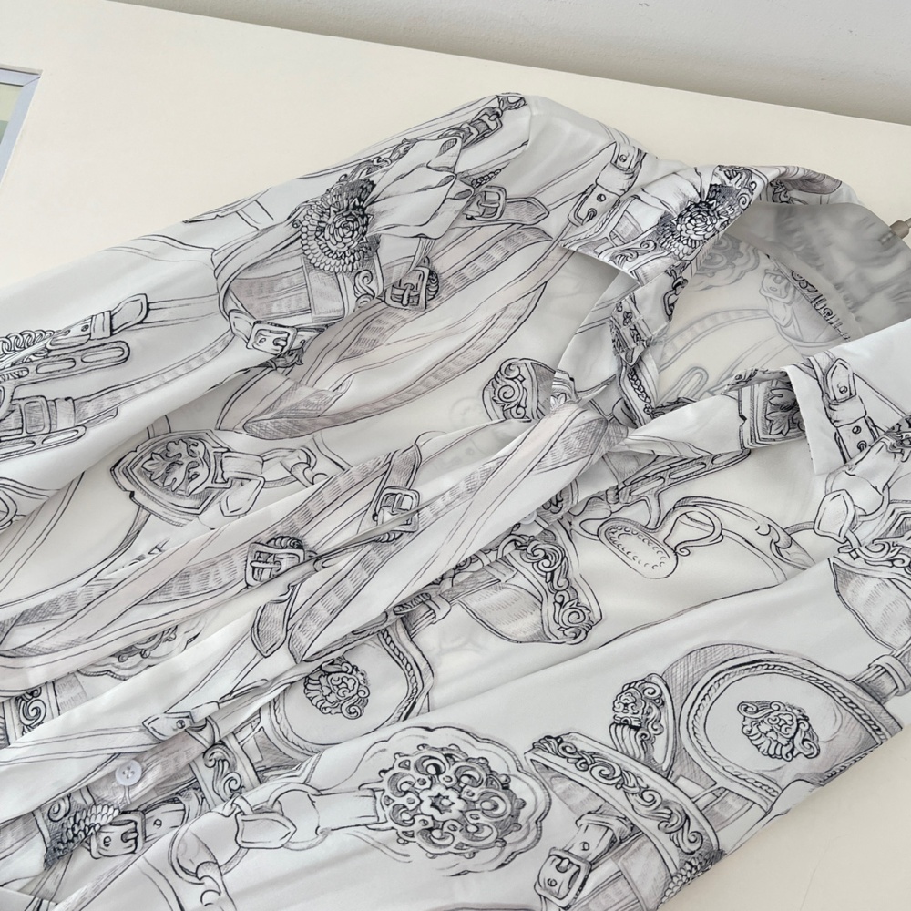 Pinched waist printing long sleeve all-match slim shirt