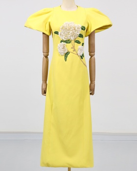 Puff sleeve pinched waist dress flowers long dress