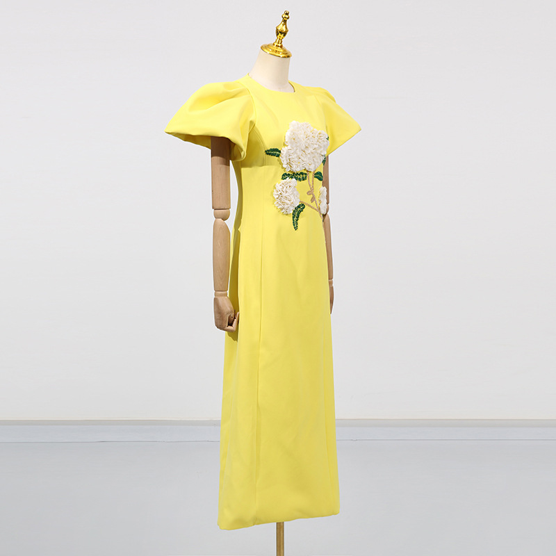 Puff sleeve pinched waist dress flowers long dress