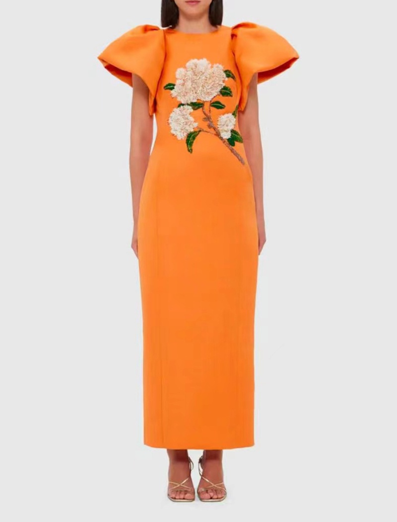 Puff sleeve pinched waist dress flowers long dress