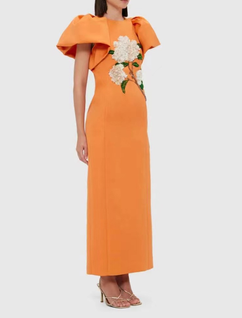 Puff sleeve pinched waist dress flowers long dress