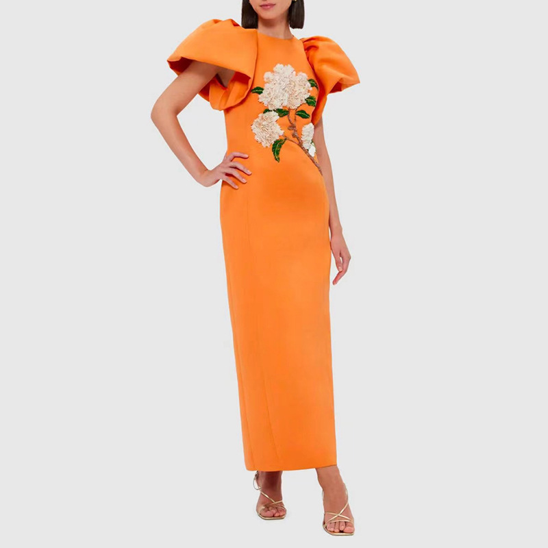 Puff sleeve pinched waist dress flowers long dress