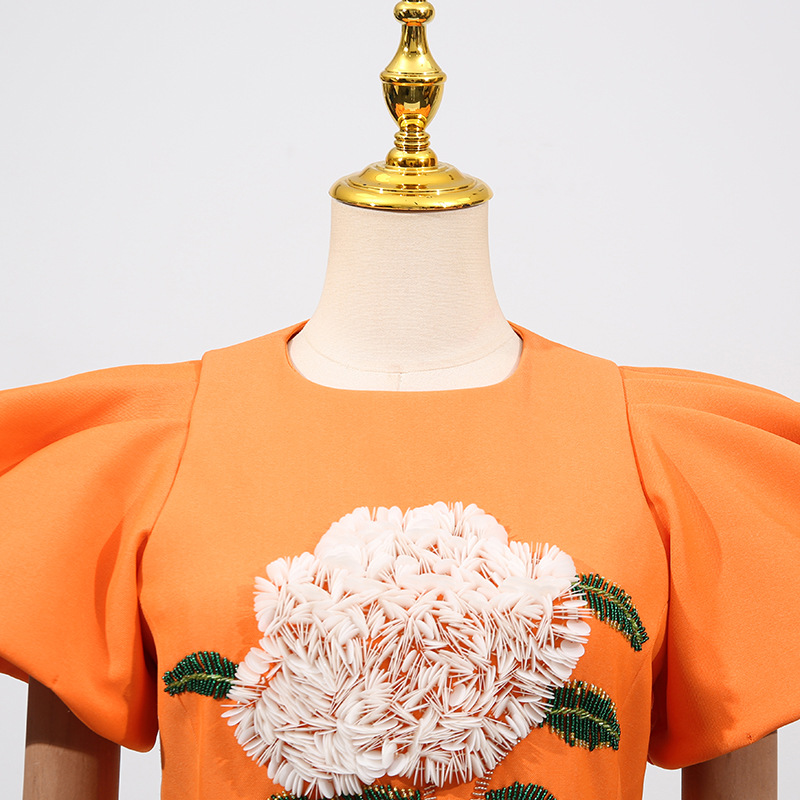 Puff sleeve pinched waist dress flowers long dress