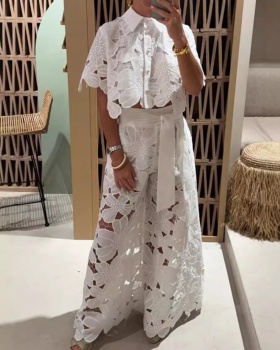 Hollow summer tops sexy wide leg pants 2pcs set for women