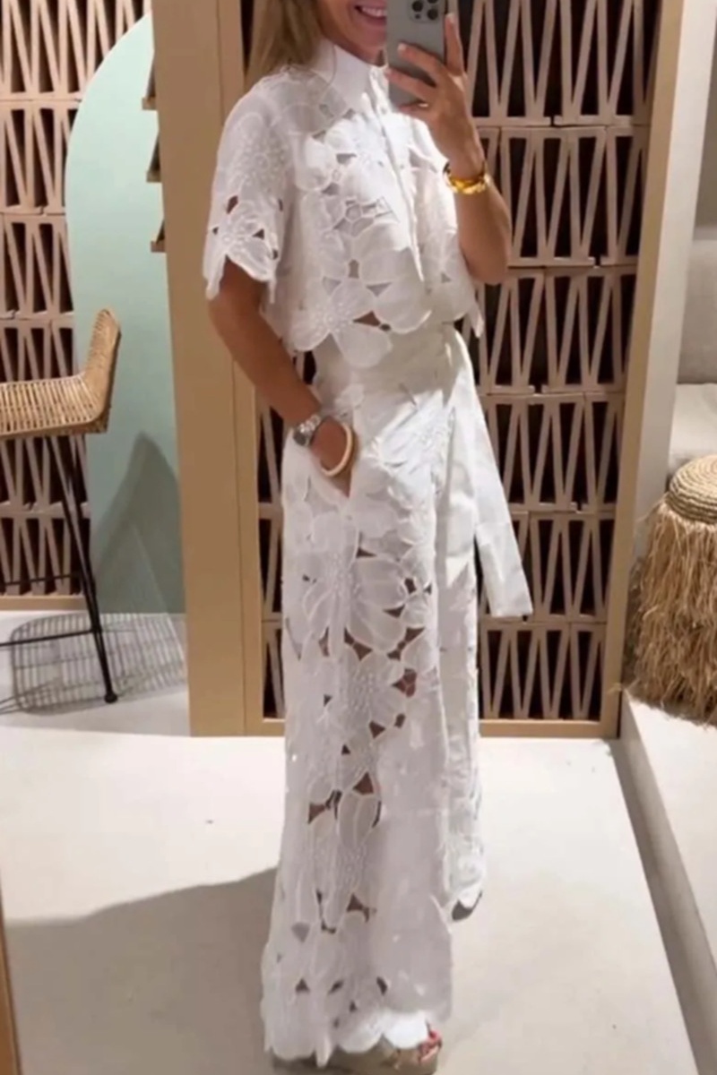 Hollow summer tops sexy wide leg pants 2pcs set for women
