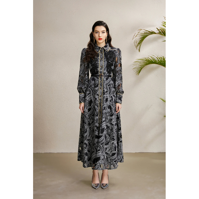 Corsage lace hollow golden edge autumn dress