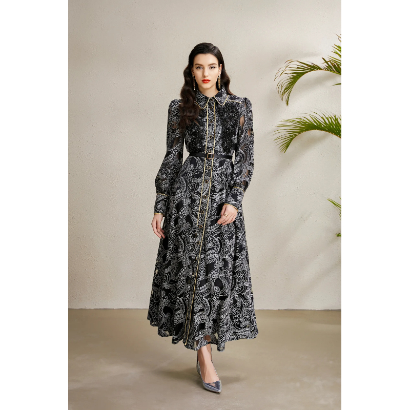 Corsage lace hollow golden edge autumn dress