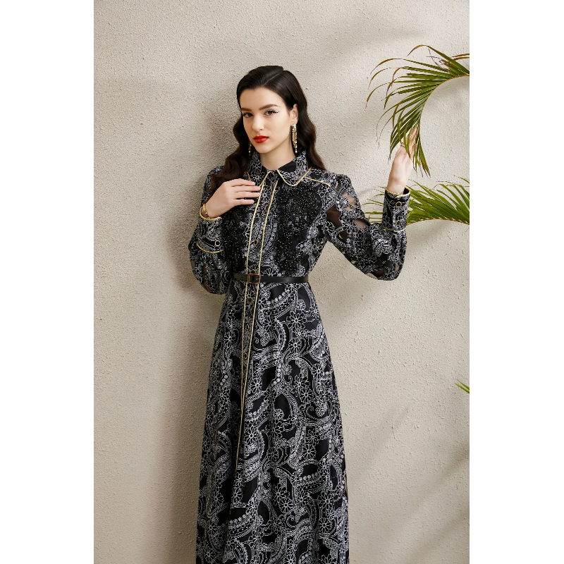 Corsage lace hollow golden edge autumn dress