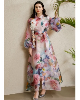 Corsage bandage long lapel autumn printing dress