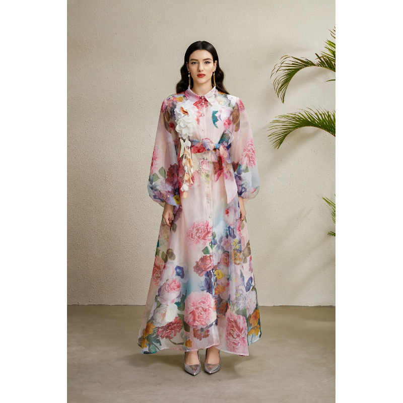 Corsage bandage long lapel autumn printing dress