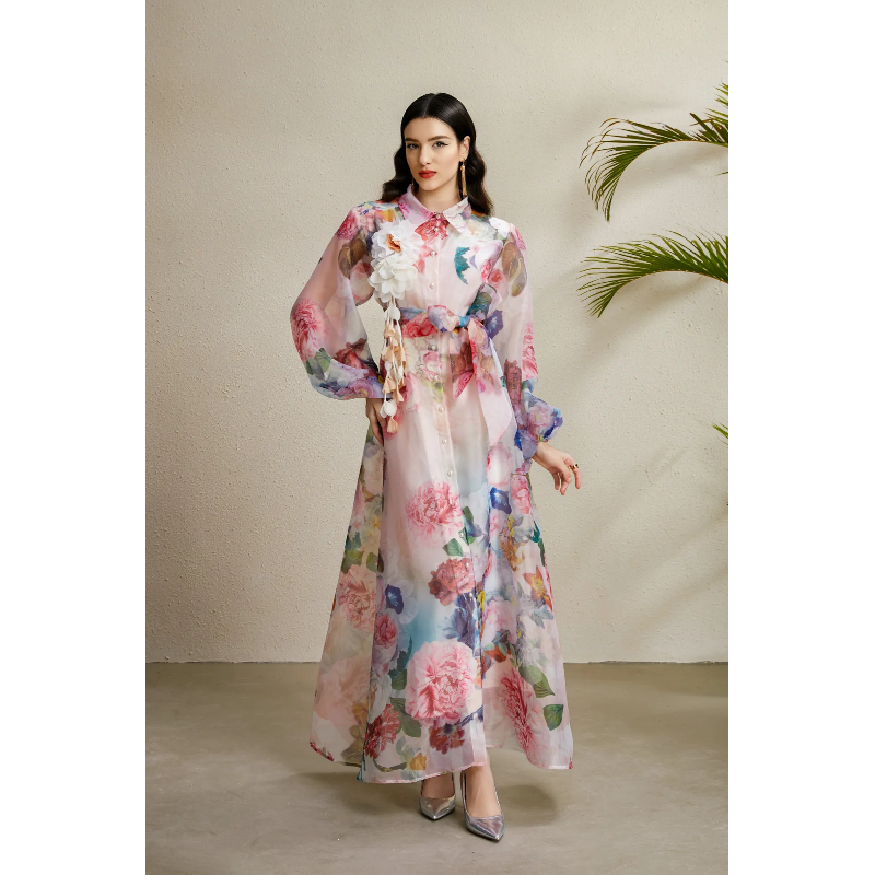 Corsage bandage long lapel autumn printing dress