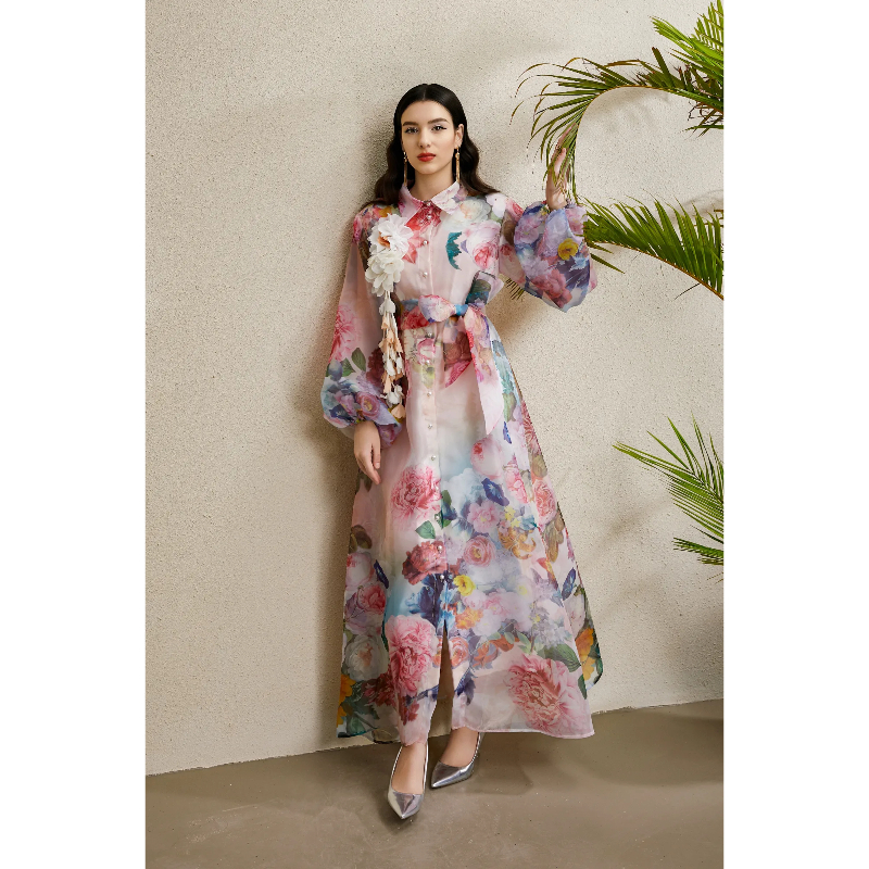 Corsage bandage long lapel autumn printing dress