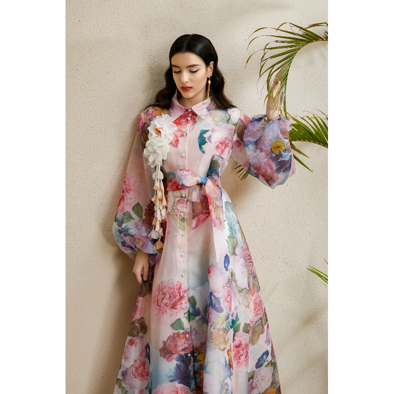 Corsage bandage long lapel autumn printing dress